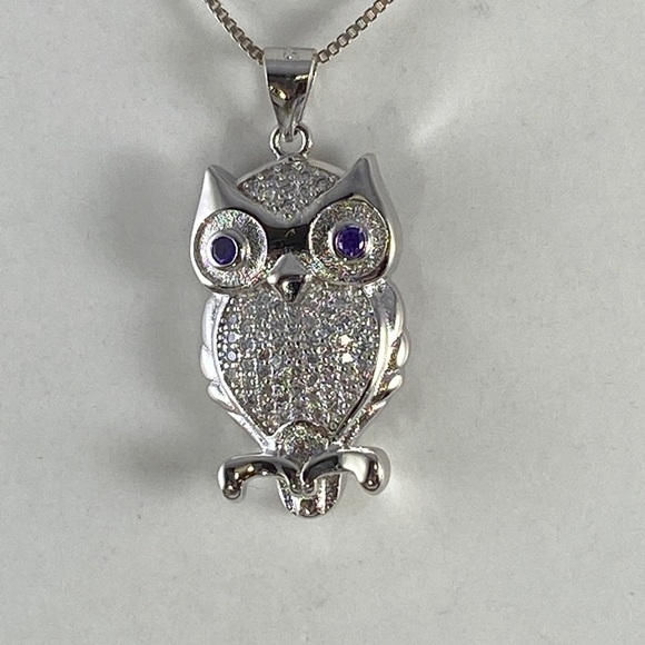 Sold 925 Silver Owl Amethyst CZ Pendant 925 Box Chain - Picture 3 of 7